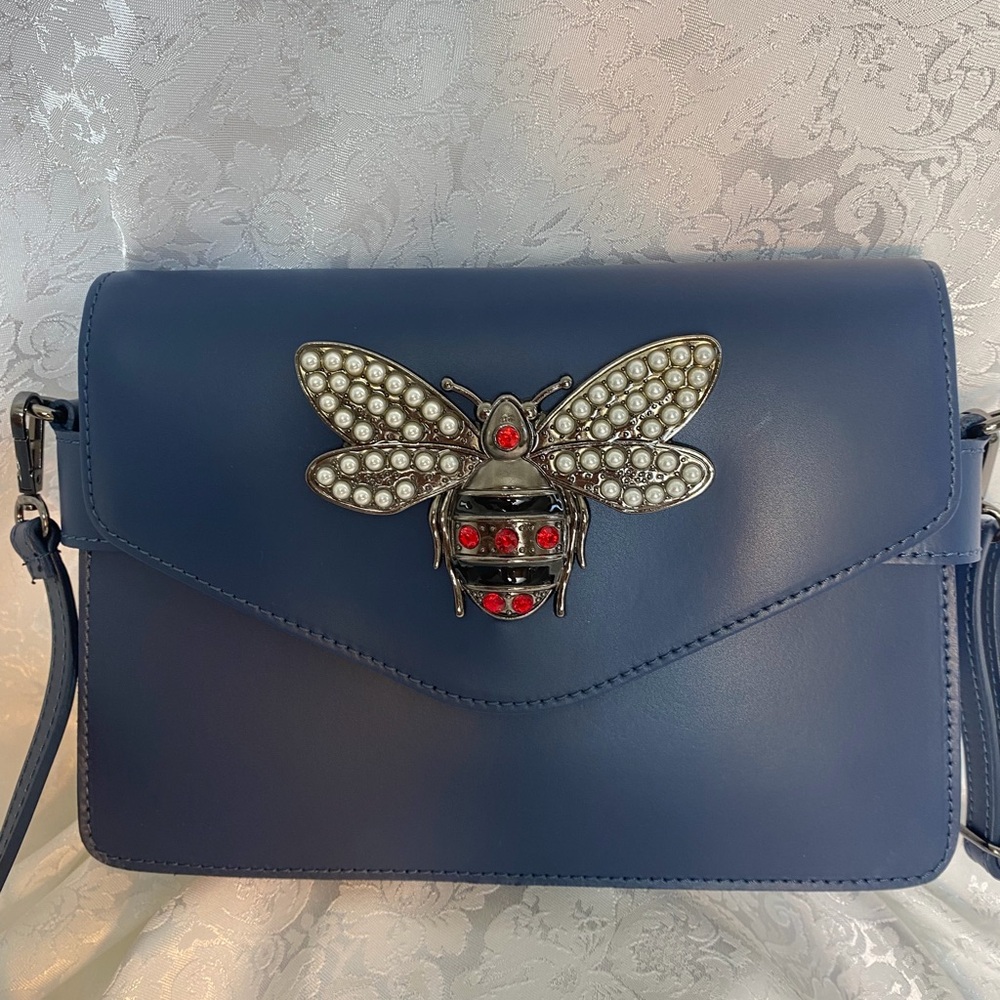 Blue Italian Shoulder Bag with Bee Accent